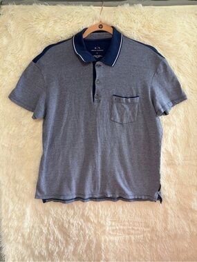 Armani Exchange AX Mens Polo Top L Blue Preppy Short Sleeve Cotton Designer